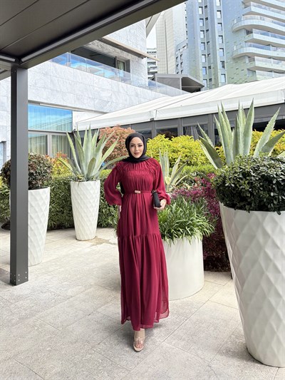 Meva Şifon Elbise - Bordo