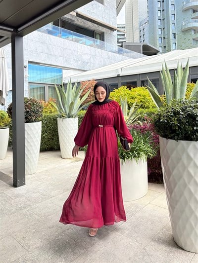 Meva Şifon Elbise - Bordo