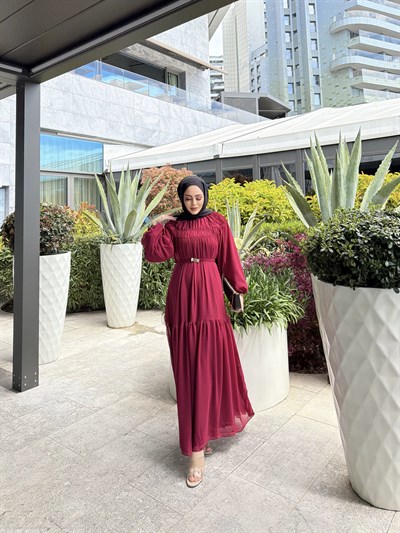 Meva Şifon Elbise - Bordo