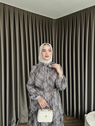 Moi Çizgili Şifon Elbise - Gri