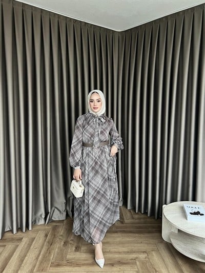 Moi Çizgili Şifon Elbise - Gri