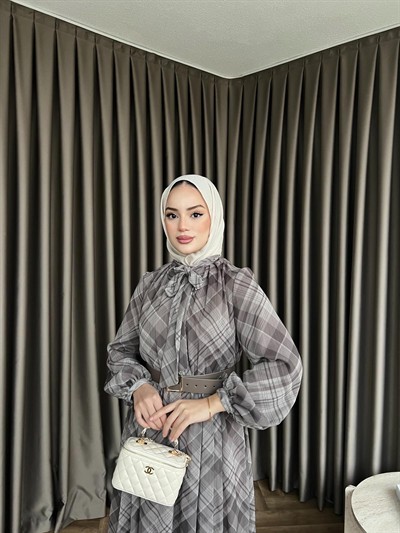 Moi Çizgili Şifon Elbise - Gri