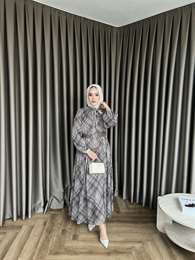 Moi Çizgili Şifon Elbise - Gri