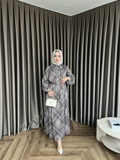 Moi Çizgili Şifon Elbise - Gri