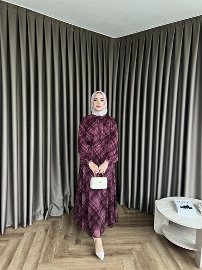 Moi Çizgili Şifon Elbise - Mürdüm