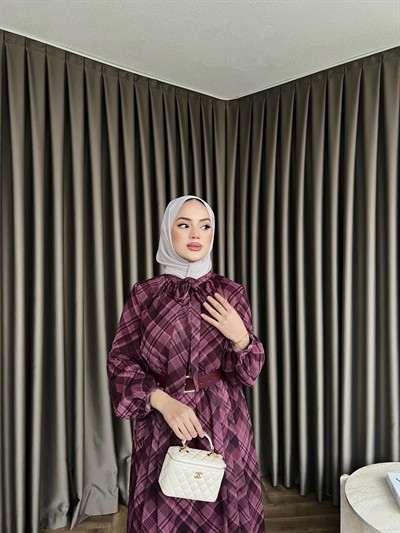 Moi Çizgili Şifon Elbise - Mürdüm