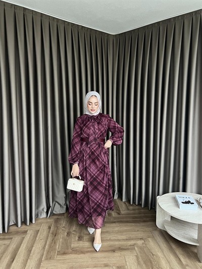 Moi Çizgili Şifon Elbise - Mürdüm