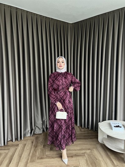 Moi Çizgili Şifon Elbise - Mürdüm