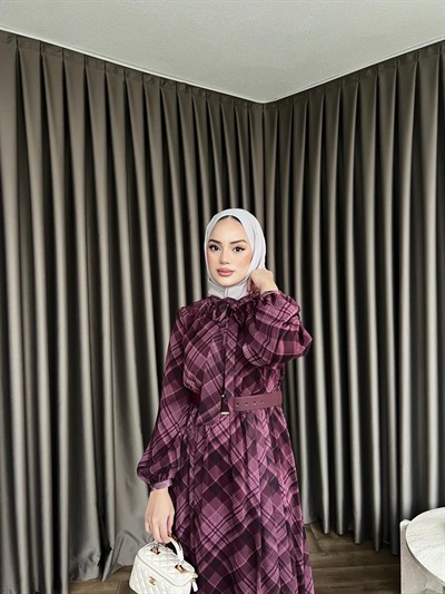 Moi Çizgili Şifon Elbise - Mürdüm