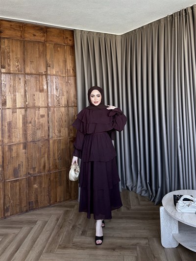 Molla Fırfır Elbise - Kahve