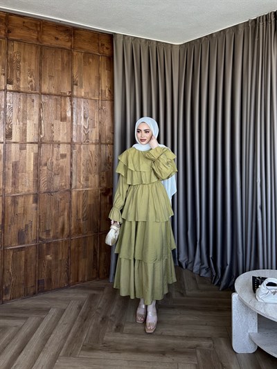 Molla Fırfır Elbise - Yağ Yesil 