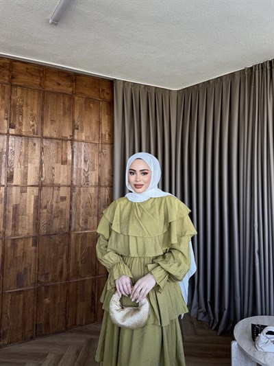 Molla Fırfır Elbise - Yağ Yesil 