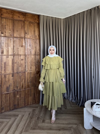 Molla Fırfır Elbise - Yağ Yesil 
