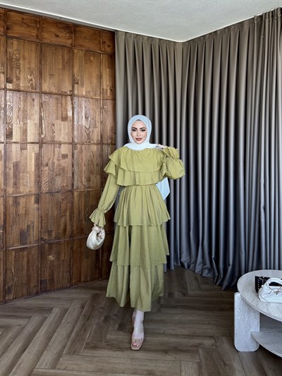 Molla Fırfır Elbise - Yağ Yesil 