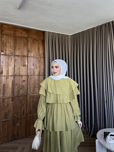 Molla Fırfır Elbise - Yağ Yesil 