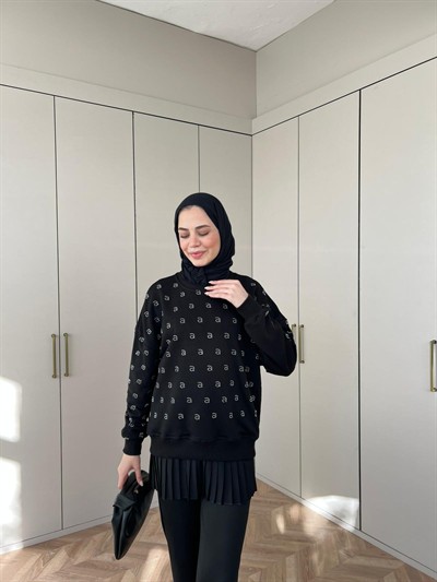 Muadil Harf Taşlı Sweat - Siyah
