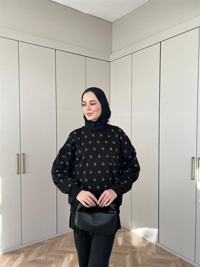 Muadil Harf Taşlı Sweat - Siyah