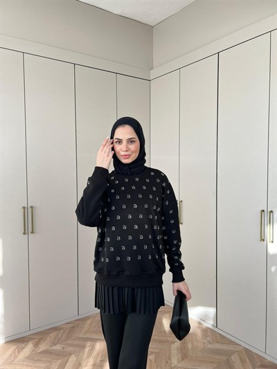 Muadil Harf Taşlı Sweat - Siyah