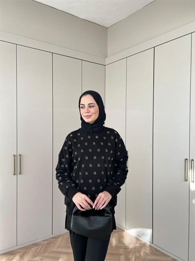 Muadil Harf Taşlı Sweat - Siyah