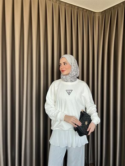 Muadil Komple Taşlı Ufak Yazılı Sweat Beyaz