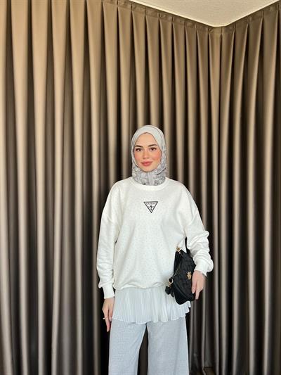 Muadil Komple Taşlı Ufak Yazılı Sweat Beyaz