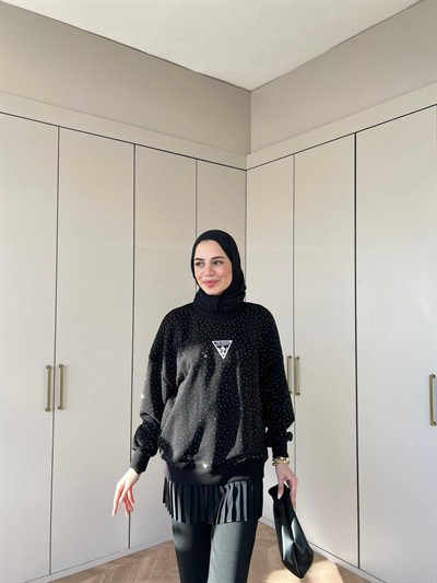 Muadil Komple Taşlı Ufak Yazılı Sweat - Siyah 