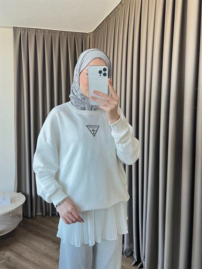 Muadil Komple Taşlı Ufak Yazılı Sweat Beyaz