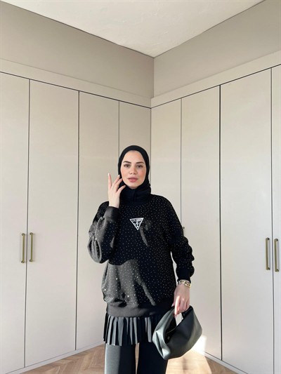 Muadil Komple Taşlı Ufak Yazılı Sweat - Siyah 
