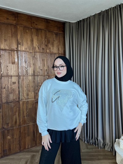 Muadil Taşlı Sweat - Beyaz