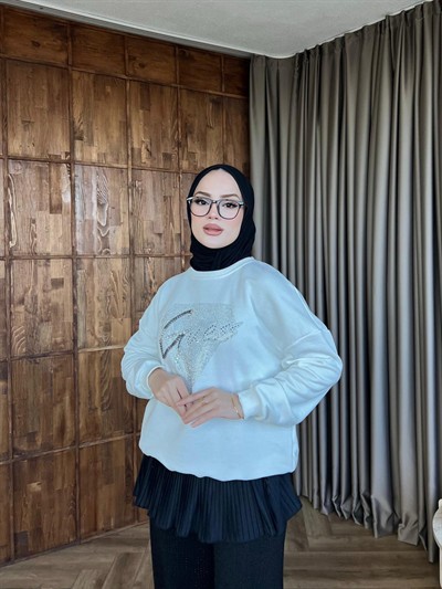 Muadil Taşlı Sweat - Beyaz