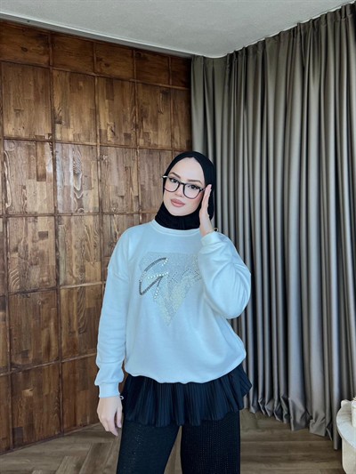 Muadil Taşlı Sweat - Beyaz