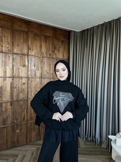 Muadil Taşlı Sweat - Siyah