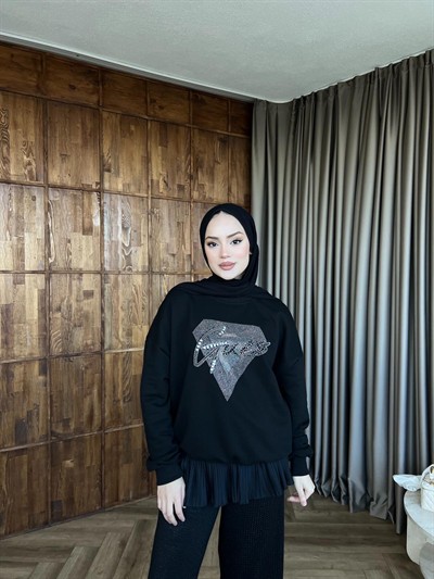 Muadil Taşlı Sweat - Siyah