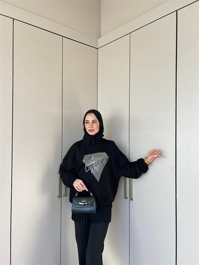 Muadil Yan Kısmı Boncuk Detaylı Sweat - Siyah