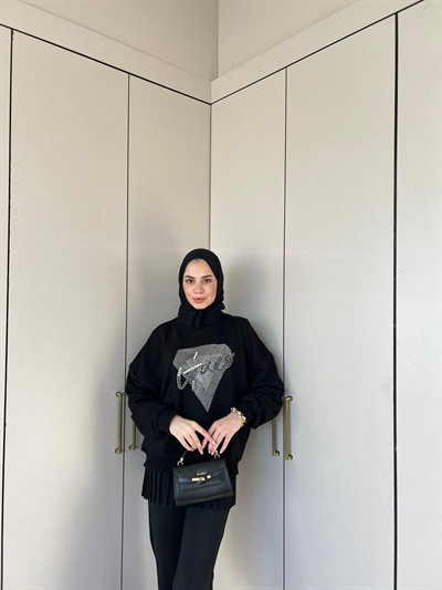 Muadil Yan Kısmı Boncuk Detaylı Sweat - Siyah