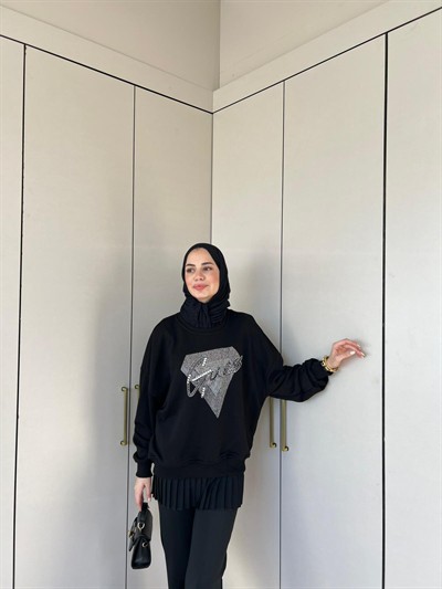 Muadil Yan Kısmı Boncuk Detaylı Sweat - Siyah
