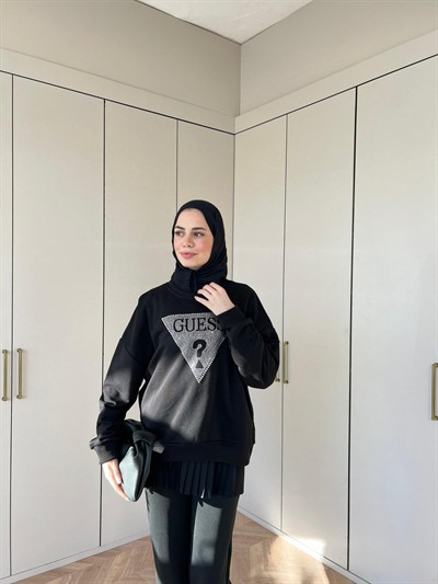 Neqa Muadil Ön ? Komple Taşlı Sweat - Siyah