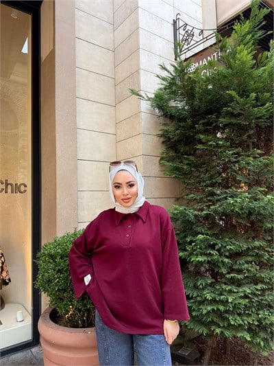 Niva Ön Düğmeli Tunik-  Bordo