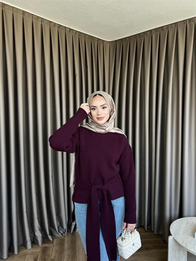 Ön Bağlamalı Triko Kazak Mürdüm