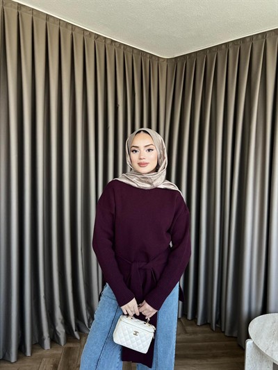 Ön Bağlamalı Triko Kazak Mürdüm