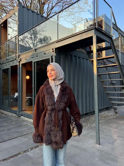 Pera Kürk Detaylı Hırka - Acı Kahve