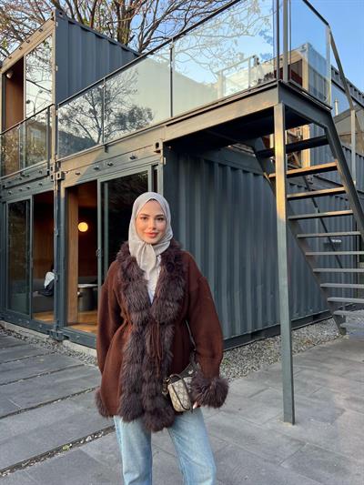 Pera Kürk Detaylı Hırka - Acı Kahve