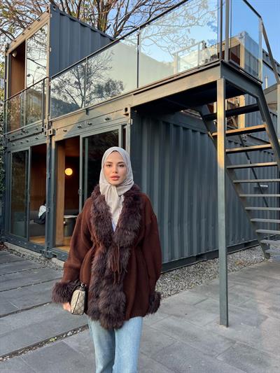 Pera Kürk Detaylı Hırka - Acı Kahve