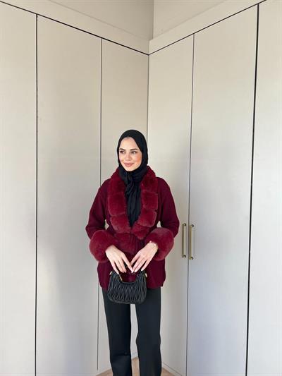 Pera Kürk Detaylı Hırka - Bordo