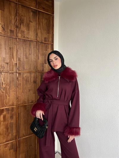 Pera Kürk Detaylı Takım - Bordo