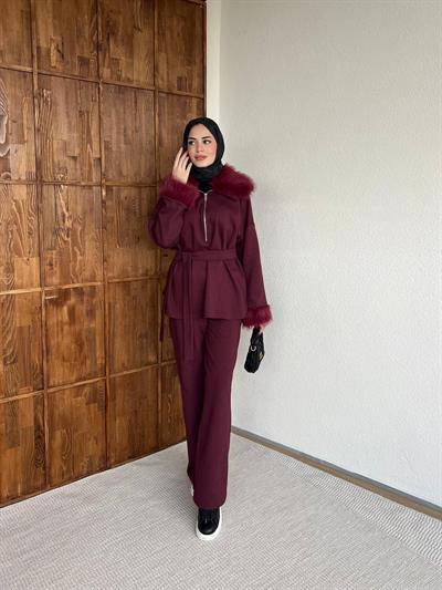 Pera Kürk Detaylı Takım - Bordo