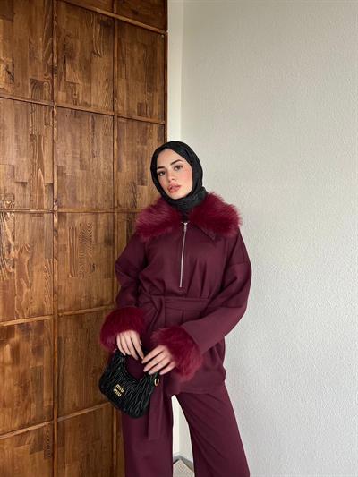 Pera Kürk Detaylı Takım - Bordo
