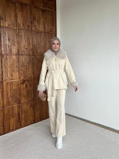 Pera Kürk Detaylı Takım - Ekru