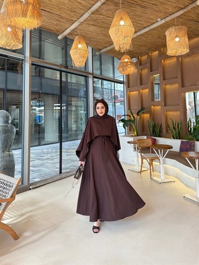 Reyha Pelerinli Elbise - Kahve 