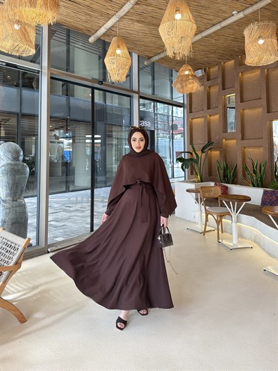 Reyha Pelerinli Elbise - Kahve 